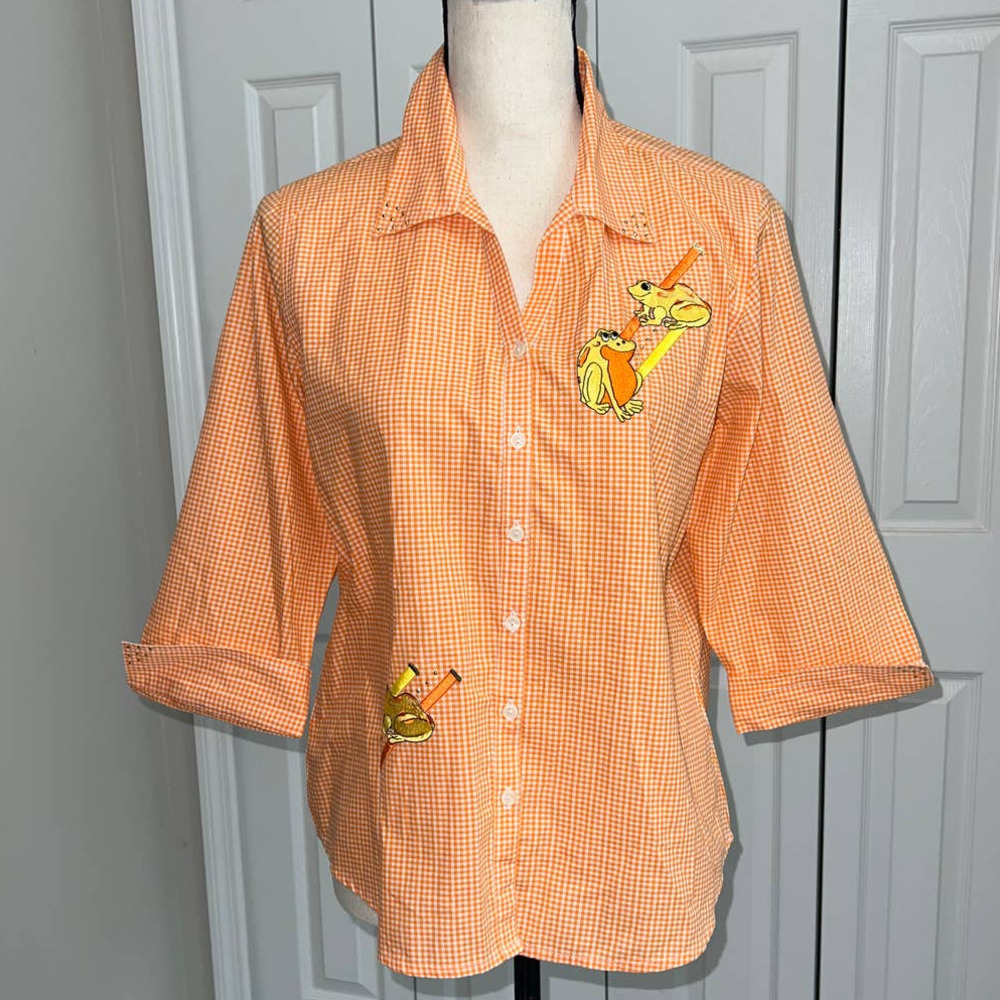 Las Olas Orange/White Checkered 3/4 Sleeves Frog Embroidery Shirt - S